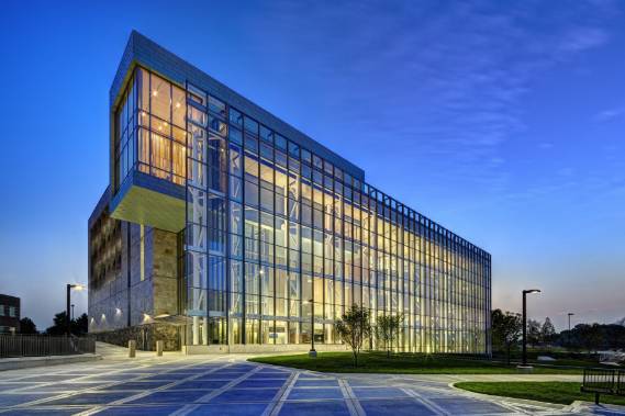 The front of the Mary Idema Pew Library on the Allendale Campus at night